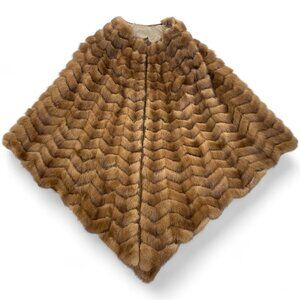 Vintage Mink Fur Zip Front Cape Wrap Shrug Poncho Coat Women's Brown Chevron